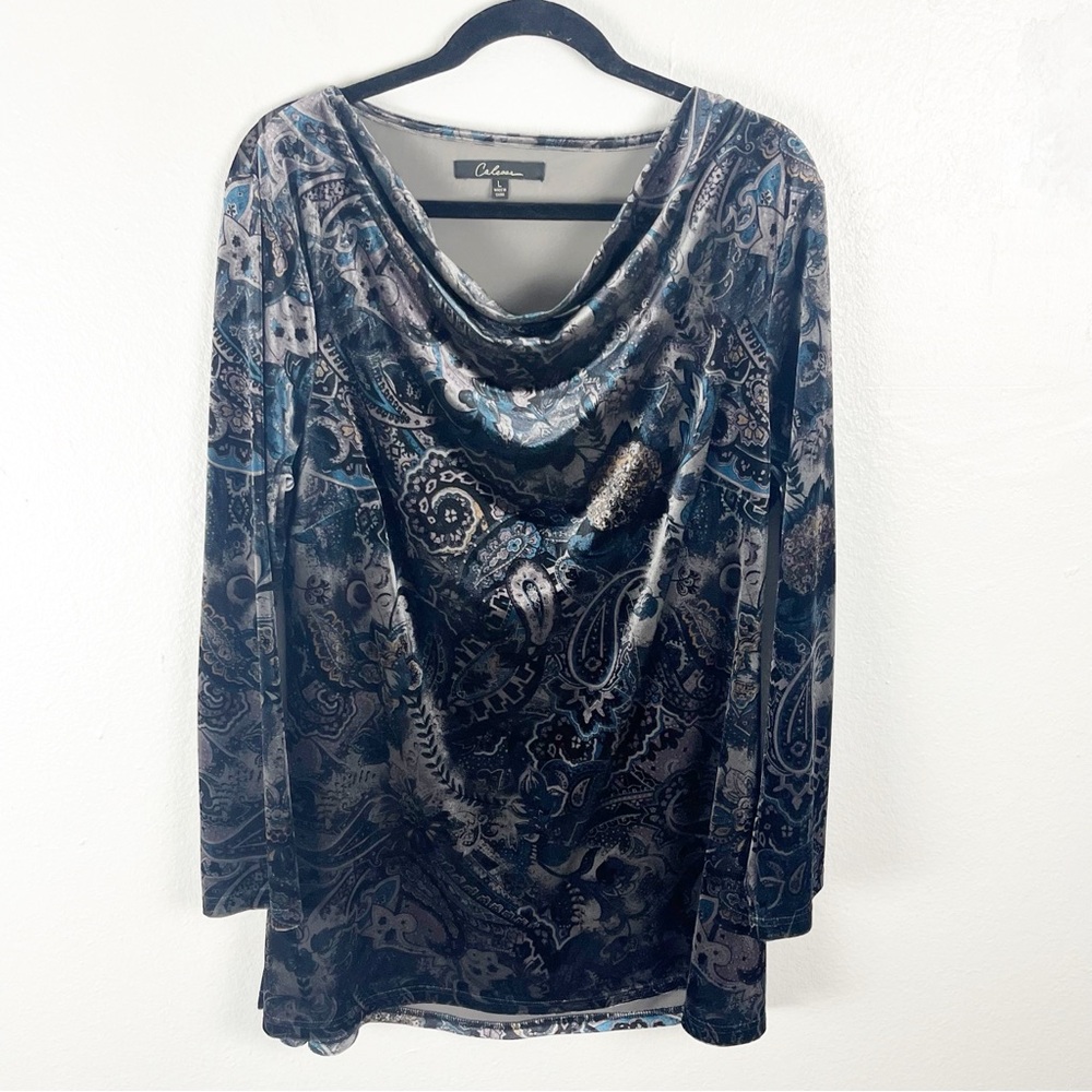 CALESSA Gray Velvet Velour Paisley Print Cowl Neck Tunic Top Large Academia Boho